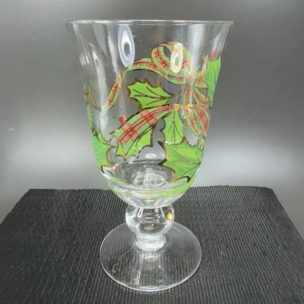 Lenox Holiday Plaid Ribbon Iced Tea Glass Footed Goblet‎ Cup Hand Painted Single